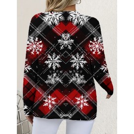 Women's Plus Size Red Black White Plaid Snowflake Cardigan - Faux Sweater Jacket with Golden-Tone Buttons, Winter Warm Coat for Christmas Parties, Layering Piece (Machine Washable) - All-Season Outerwear (Casual to Dressy)