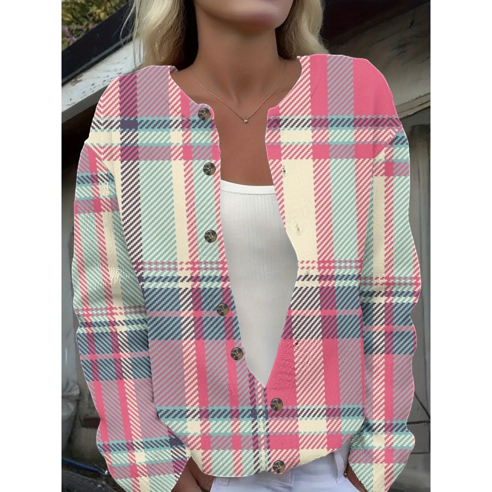 Plus Size Women's Soft Stretchy 3D Plaid Cardigan Sweater Jacket - Pink Button Front Round Neck Longline H-Line Coat with Umbrella Hem, All-Season Cozy Outerwear for Casual & Semi-Formal Wear, Machine Washable