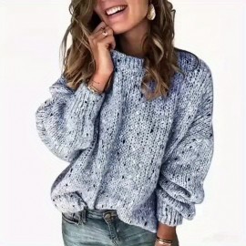 Plus Size Women's Oversized Warm Sweater - Beige & Brown Tones with Black Dots, Soft Crew Neck Long Sleeve Pullover, Cozy Winter Sweater for Fall/Winter Layering, Machine Washable Casual Sweating Sweater