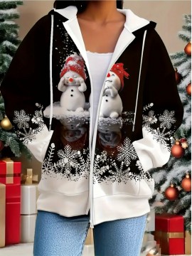 Plus Size Women'S 3D Snowman Print Zip-Up Hoodie Jacket - Winter Warm Full-Zip Sweatshirt with Pockets, Loose Fit H-Line Silhouette, Long Sleeve Round Neck & Drawstring Hood, Cozy Casual Outerwear for Christmas & Autumn Winter (Snowman & Snowflake D