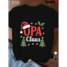 Women'S Plus Size Opa Claus Christmas Greek-Themed Santa Hat & Tree Graphic T-Shirt - Short Sleeve Casual Round Neck Holiday Party Top with Greek Lettering, All-Season Fit for Greek Orthodox Christmas Celebrations & Casual Attire - Festive Red & Gre
