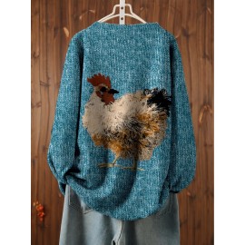 Women'S Plus Size Oversized Floral & Rooster Print Sweater - Soft Round Neck Long Sleeve Pullover Sweater, Cozy Loose Fit Casual Winter Sweater for Fall/Winter, Easy Care Everyday Sweater for Women (No Buttons/Zippers)