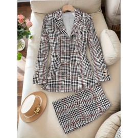 [Plaid Skirt Set] Elegant Plaid Pattern Button Skirt Set | Lapel Collar Long Sleeve Blazer & High Waist Skirt Outfits for Women | Spring & Fall Clothing
