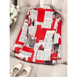 [Elegant Casual Cardigan] Women's Newspaper Print Long Sleeve Lapel Suit with Lining, Elegant Casual Vacation Business Professional Cardigan Jacket, Suitable for All Seasons