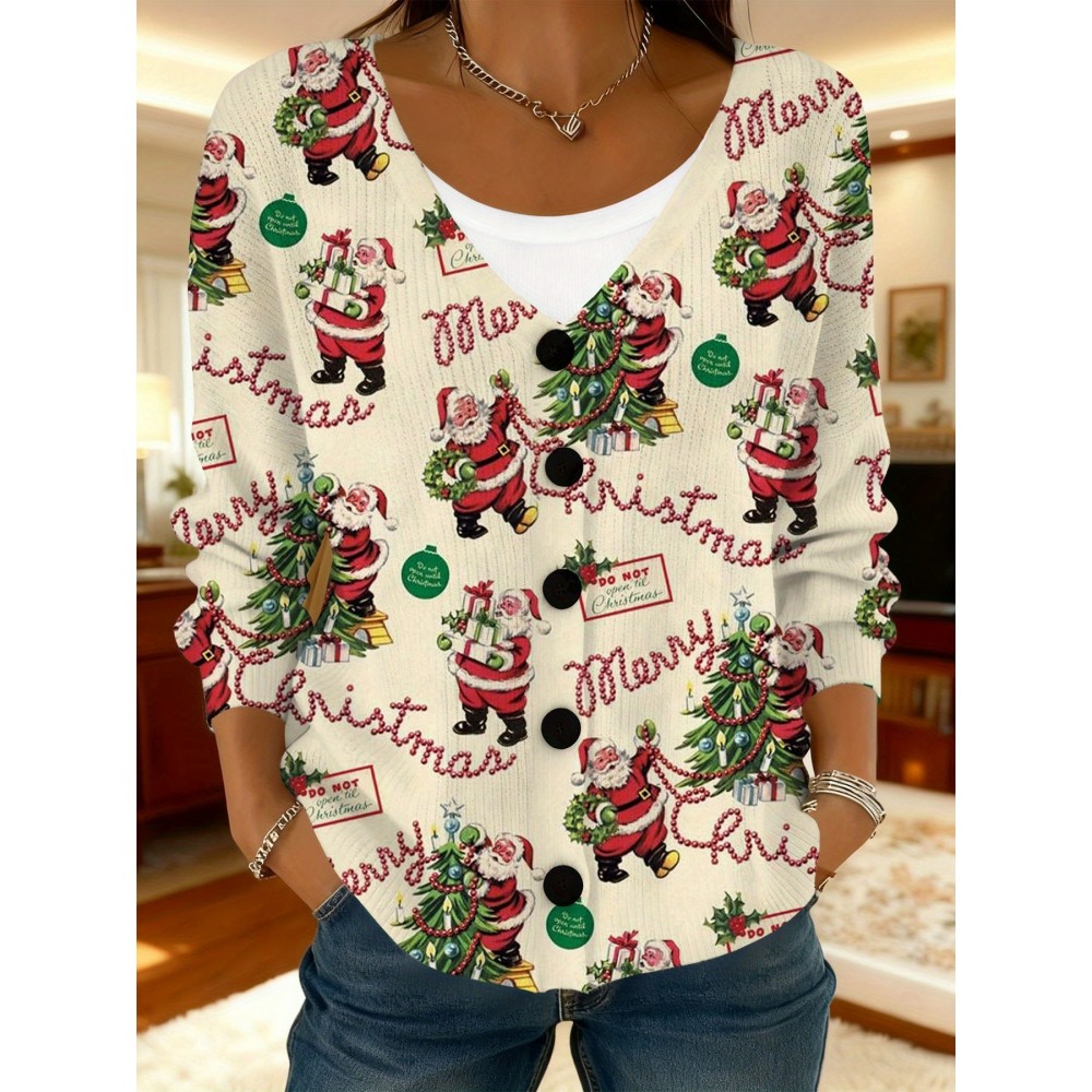 Women'S Vintage Christmas Cardigan - Santa Claus & Reindeer Print Sweater Coat, Loose Fit Long Sleeve Button Front Closure