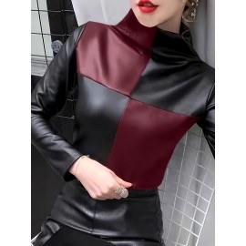 Women's Elegant -like Stretch Turtleneck Blazer Jacket-Like Top - Burgundy/Black/White/Gray Color Block H-Line Silhouette, Long Sleeve Shirt for Daily & Party Wear, Spring Summer Fall (No Chest Padding, Non-)