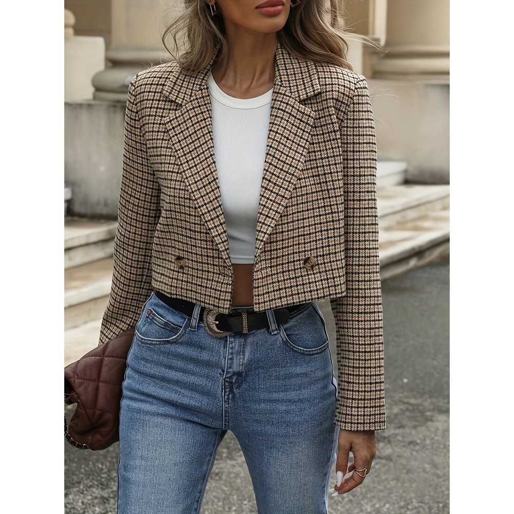 Women's Short Plaid Suit Jacket - Double Breasted Blazer with H-Line Silhouette, Loose Fit Short Length for Professional & Smart-Casual Outfits, Spring Summer Fall (Suitable for, Bluffers/Events)