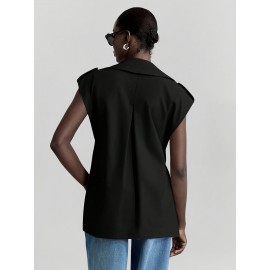 Women's Sleeveless Blazer Coat - Belted Lapel Collar H-Line Tailored Jacket, Beige/Brown/Black/Navy/Gray, Machine Washable All-Season Office Wedding Party Uniform, Structured Lapel Lapel Suit Outerwear