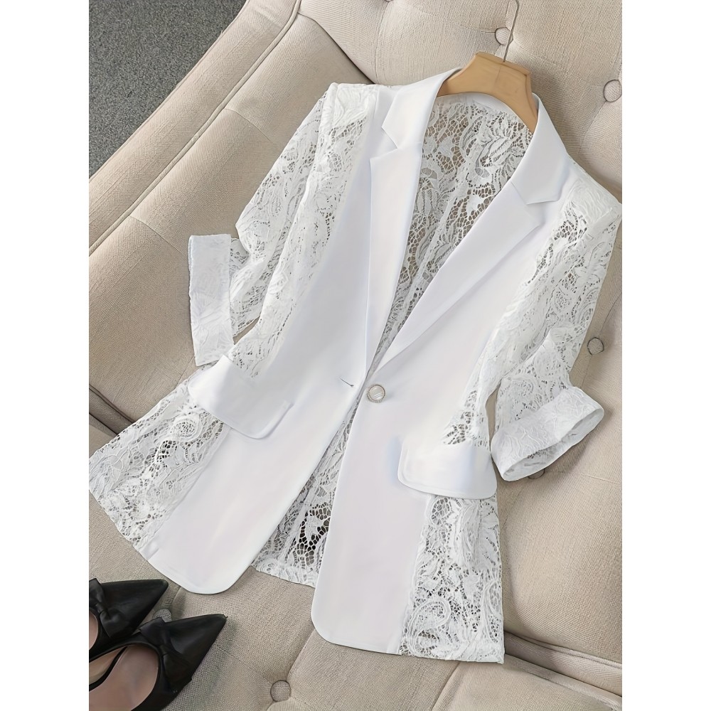Women'S Lightweight Blazer - Elegant H-Silhouette Office Jacket, Non-Stretch Fabric, Three-Quarter Sleeve Blazer for Women, Professional & Casual Outfits (Spring/Fall/Summer) - Easy-Care Business Coat, Spring Summer Wear, Lace Trim Detailing, Fall Wardrobe, Breathable Material, Working Women
