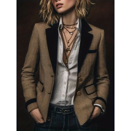 Elegant Double-Breasted Blazer Jacket - Button Front Closure, Loose Fit Collar Coat, Machine Washable Solid Color for all-Season Professional & Casual Wear (HW915)