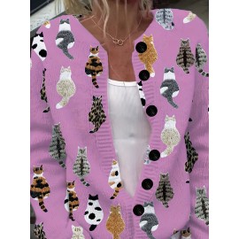 [Playful Design] Plus Size - Women's Lightweight Sweater Jacket - Pastel Pink With Black & White Animal Print, Button-Front Closure, Non-Bulky Long Sleeve Cardigan For Fall/Winter, Everyday & Formal Outfits - Position BK 052032, Fall Fashion, Playful Design, Comfortable Fit, Stylish Outerwear, Fashion Lovers, Cat Cardigan/Sweater For Women, Cardigan For Curvy Women, Curve Cat Print, Cardigans Women Good Quality, Vest Woman Large Size With Sleeve