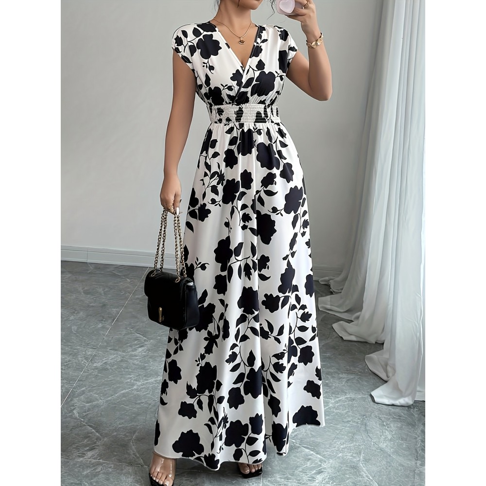 Elegant Pink Floral Maxi Dress with V-Neck and Short Sleeves - Flowing A-Line Silhouette, Cinched Waist, Perfect for Spring/Fall, Casual to Formal Wear, Casual Elegant Wear | Floral Print Dress | Cinched Waist Design