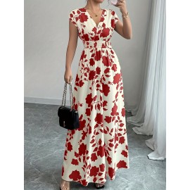 Elegant Pink Floral Maxi Dress with V-Neck and Short Sleeves - Flowing A-Line Silhouette, Cinched Waist, Perfect for Spring/Fall, Casual to Formal Wear, Casual Elegant Wear | Floral Print Dress | Cinched Waist Design