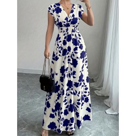 Elegant Pink Floral Maxi Dress with V-Neck and Short Sleeves - Flowing A-Line Silhouette, Cinched Waist, Perfect for Spring/Fall, Casual to Formal Wear, Casual Elegant Wear | Floral Print Dress | Cinched Waist Design