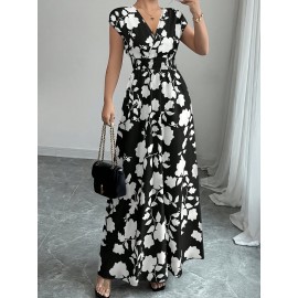 Elegant Pink Floral Maxi Dress with V-Neck and Short Sleeves - Flowing A-Line Silhouette, Cinched Waist, Perfect for Spring/Fall, Casual to Formal Wear, Casual Elegant Wear | Floral Print Dress | Cinched Waist Design