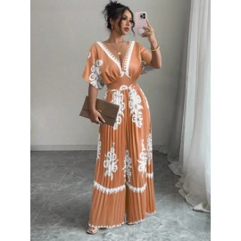 Women's Elegant V-Neck Short Sleeve Jumpsuit with Cinched Waist & Pleated Pants - Loose Fit Wedding Guest Outfit, Summer Party Suit, Machine Washable All-Season Attire
