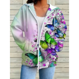 Plus Size Women'S 3D Butterfly & Floral Print Zip-Up Hoodie Jacket - Oversized Loose Fit Retro V-Neck Sweatshirt with Pockets, Long Sleeve Full-Zip Front, Multicolor All-Over Print (PinkPurple/Yellow/Green/Orange) for Fall Winter Warmth