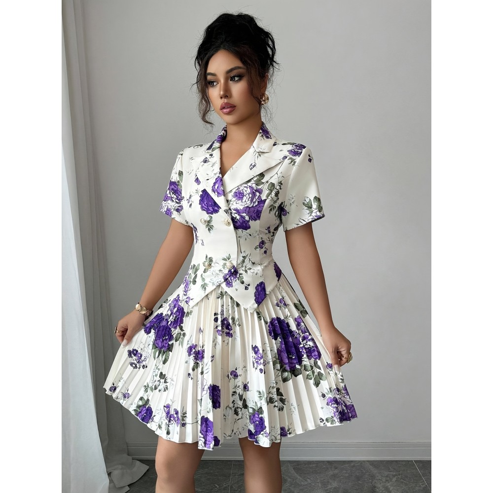 Printed Short Sleeve Pleated A-Line Elegant Romantic Women Suit Set
