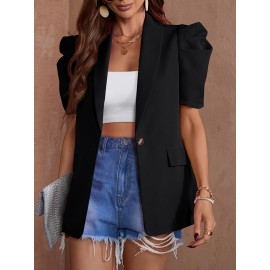 Women'S Chic Beige Lantern Sleeve Blazer - Short Sleeve, Double-Breasted Jacket with Faux Pockets, Casual Yet Elegant Polyester Outerwear for Spring & Summe