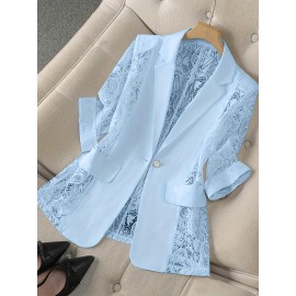 Women'S Lightweight Blazer - Elegant H-Silhouette Office Jacket, Non-Stretch Fabric, Three-Quarter Sleeve Blazer for Women, Professional & Casual Outfits (Spring/Fall/Summer) - Easy-Care Business Coat, Spring Summer Wear, Lace Trim Detailing, Fall Wardrobe, Breathable Material, Working Women