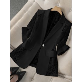 Women'S Lightweight Blazer - Elegant H-Silhouette Office Jacket, Non-Stretch Fabric, Three-Quarter Sleeve Blazer for Women, Professional & Casual Outfits (Spring/Fall/Summer) - Easy-Care Business Coat, Spring Summer Wear, Lace Trim Detailing, Fall Wardrobe, Breathable Material, Working Women